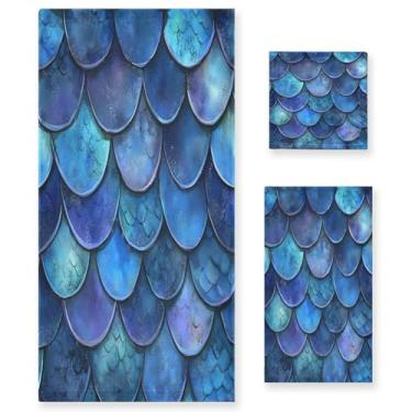 Imagem de xigua Conjunto de toalhas de banheiro com escamas de sereia toalha de banho macia absorvente de 3 peças toalha de mão toalhas decorativas para banheiro, academia, hotel, praia, piscina
