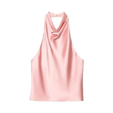 Imagem de Top Halter Preto De Cetim Sem Costas Para Mulheres, Camisola Rosa De V