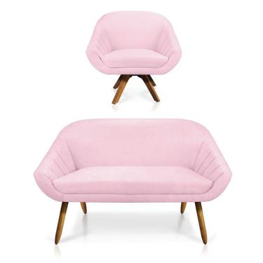 Imagem de Kit 01 Namoradeira 02 Lugares E 01 Poltrona Giovana Suede Rosa Bebê