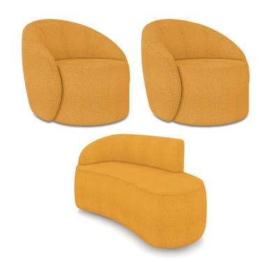 Imagem de Sofá 2 Lugares Orgânico 140cm Morgan E 2 Poltronas Lua Bouclê Mostarda D03 - D'rossi