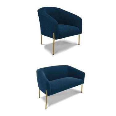 Imagem de Sofá Namoradeira E Poltrona Pé Ferro Dourado Stella Bouclê D03 - D'rossi Cor Azul