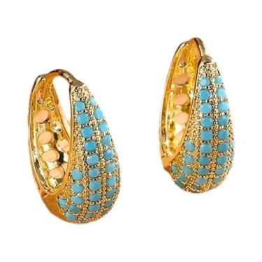 Imagem de Brincos De Argola Turquesa Para Mulheres, Banhados a Ouro Com Zircônia