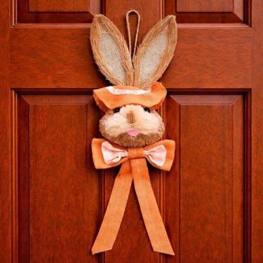 Imagem de Pendente Cabeça Coelho Com Laço Decoração Páscoa Palha 65cm Laranja - 