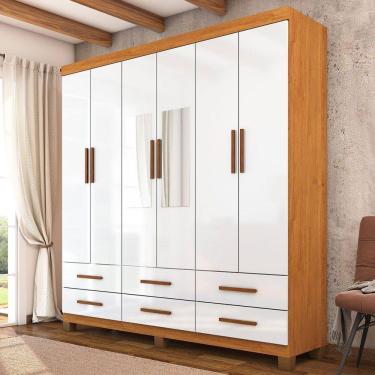 Imagem de Guarda-Roupa Solteiro Aria 6 Portas 6 Gavetas com Pés e Espelho Cinamomo/Branco - Pnr Móveis
