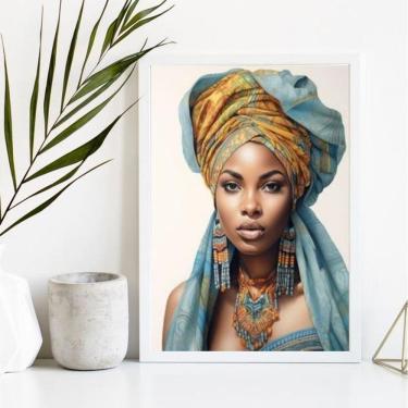 Imagem de Quadro Africana Turbante Azul 45x34cm - Madeira Preta