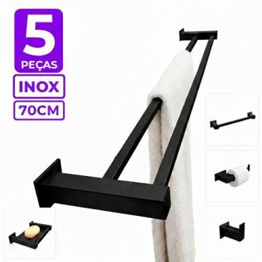Imagem de Toalheiro Duplo Inox 70cm Kit Acessórios Banheiro 5 Peças Preto Fosco 