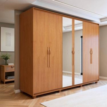 Imagem de Guarda-roupa Casal 6 Portas 6 Gavetas com Espelho e Pés Mdf Suavitá Amêndoa Clean