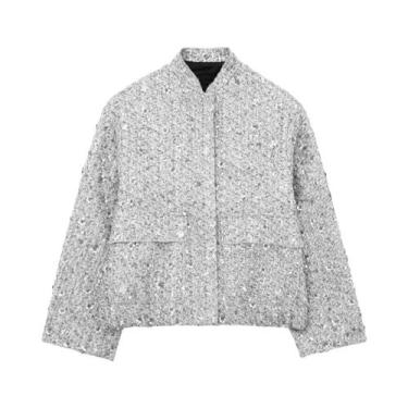 Imagem de Jaqueta Feminina Dourada Com Lantejoulas, Gola Redonda, Manga Longa, B