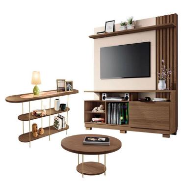 Imagem de Estante Home Theater Artheo Castanho Off White Com Mesa De Centro Sky E Aparador Infini...