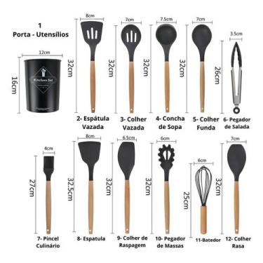 Imagem de Kit 12 Peças Utensílios De Cozinha Em Silicone Cabo Madeira Cor Preto 