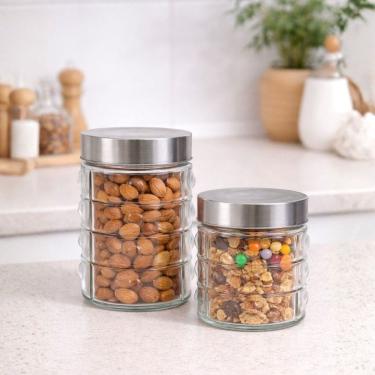 Imagem de Conjunto 2 Potes de Vidro Premium 800ml e 1200ml Tampa Aço Inox Porta Mantimento Point...