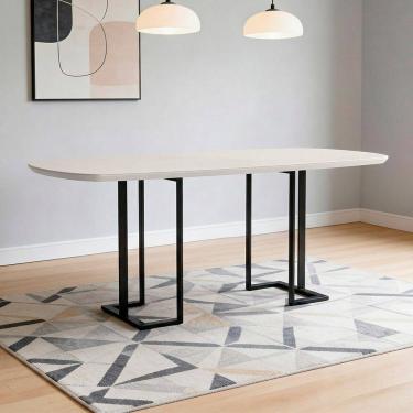 Imagem de Mesa de Jantar 6 Lugares Retangular Orgânico Com Vidro 180cm Pés Industrial Alina N01 Off White Preto - Lyam Decor