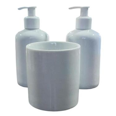 Imagem de Kit higiene banheiro 3 peças - Pote e porta álcool - Porcelana Branca 