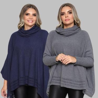 Imagem de Kit 2 Poncho Feminino Tricot Liso Gola Alta Casaco Lã Inverno - GIP, M