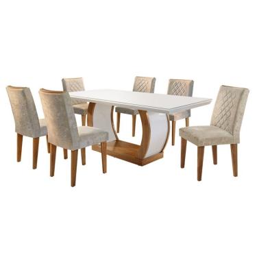Imagem de Conjunto de Mesa de Jantar com Tampo de Vidro e 6 Cadeiras Maia Suede Amassado Chocolate e Imbuia