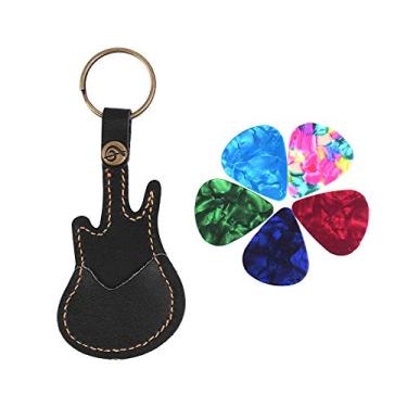 Imagem de KKcare Suporte para palhetas de guitarra de couro saco formato de guitarra com chaveiro 5 peças de celulóide palhetas de guitarra acessórios para instrumentos de cordas