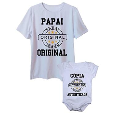 Imagem de Camiseta adulta papai original e body de bebê cópia autenticada (Branca, adulto M - body GG)