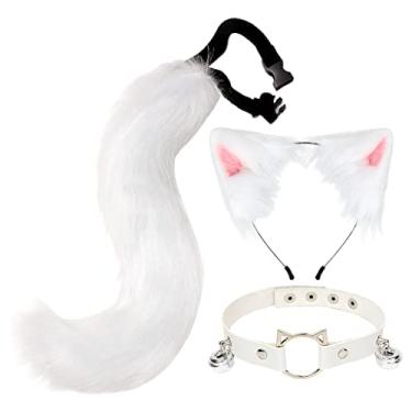 Imagem de Generic Cat Fox Ears Hair Hoop with Tail Set , Bell Choker PU Leather Collar Halloween Cosplay Kit , White