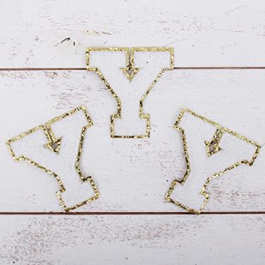 Imagem de Pacote com 3 adesivos de Chenille Iron On Glitter Varsity Letter "Y" - Tecido de chenille branco com acabamento dourado - Costurar ou passar - 5,5 cm de altura