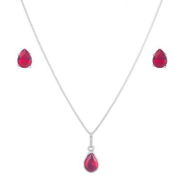 Imagem de Conjunto Corrente Colar 40cm Gota Brincos Em Prata 925