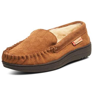 Imagem de Alpine Swiss Pantufas masculinas mocassim de camurça genuína, sem cadarço, palmilhas de espuma de memória, forro de pelúcia sintética, confortável para uso interno e externo com sola de borracha