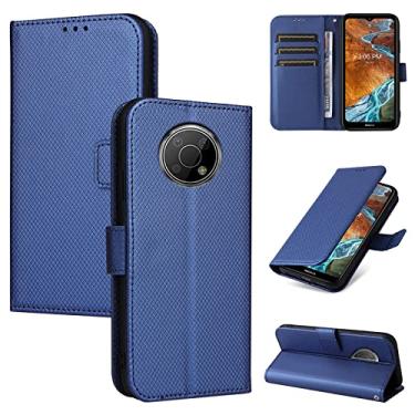 Imagem de LVSHANG Capas flip para smartphone para Nokia G300, compartimentos para cartão com fecho magnético, capa protetora de couro PU com suporte de alça de pulso [TPU à prova de choque] capas flip (cor azul)