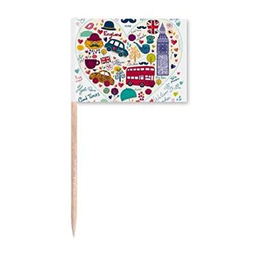 Imagem de Coração de amor Big Ben Ônibus Reino Unido Bandeira de ponto de referência Bandeiras de palito de dente Marcador Topper Decoração de festa