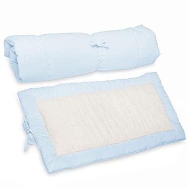 Imagem de Acolchoado Pillow Top Berço Bebê e Colchonete Portátil 2 em 1 Percal Azul e Sherpa Palha