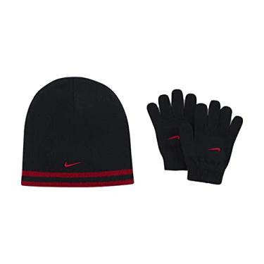 Imagem de Conjunto de gorro e luvas de malha listrado Nike Revirsible para meninos 8/20 Preto/Vermelho