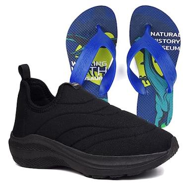 Imagem de Tenis Infantil Meninos Calce Facil Leve Tipo Meia + Chinelo Cor:Preto;Tamanho:29