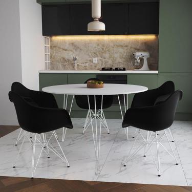 Imagem de Mesa Jantar Redonda 110Cm Branca Clips 3 Pés Com 5 Poltronas Pretas Ferro Branco - Cor:...