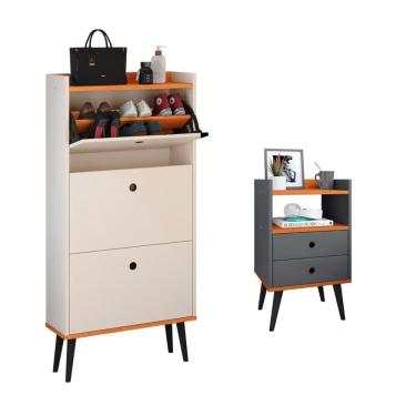 Imagem de Kit Quarto Sapateira Vertical 3 Gavetas Basculantes Dark Off White/Cinamomo e Mesinha Lateral Pequena Nicho Organizador Dream Cinza/Cinamomo – RPM