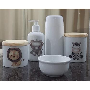 Imagem de Kit higiene bebê safari 5 Pçs - Potes, porta álcool e molhadeira porcelana + garrafa térmica