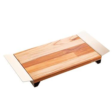 Imagem de Bandeja de Madeira com Alça de Aço Inox Teca Champanhe 48cm x 31cm x 5cm - Wolff Craft