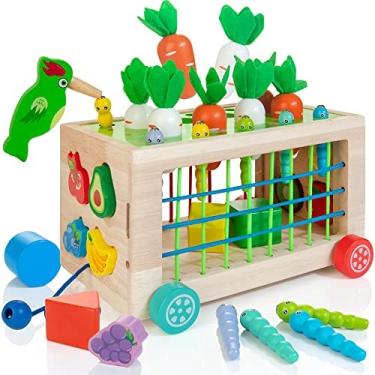 Imagem de Winique 6-em-1 Brinquedos Montessori de Madeira para 1 Ano de Idade, Brinquedos Sensoriais Cenoura Colheita Jogo, Brinquedos bebês 12-18 Meses Sorter de Forma, 1º Aniversário Presente Brinquedos Educativos