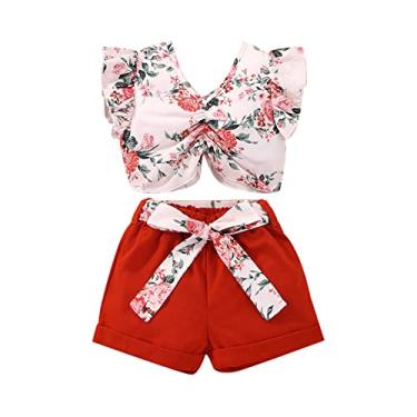 Imagem de Macaquinho infantil para meninas de 6 meses, sem mangas, estampa floral, babados, colete e shorts (vermelho, 12 a 18 meses)