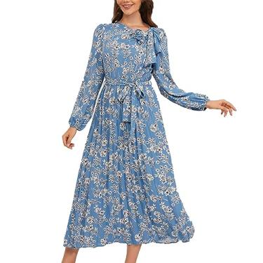 Imagem de UIFLQXX Vestido de coquetel feminino de comprimento médio plissado manga longa floral vestido vintage vestido feminino maxi vestidos, Azul, GG