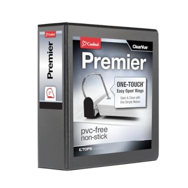 Imagem de Cardinal Fichário de 3 anéis, fichários para escola e escritório, fichário durável Premier de 7,6 cm, anéis inclinados em D com um toque, capacidade para 650 folhas, capa ClearVue, sem PVC, preto