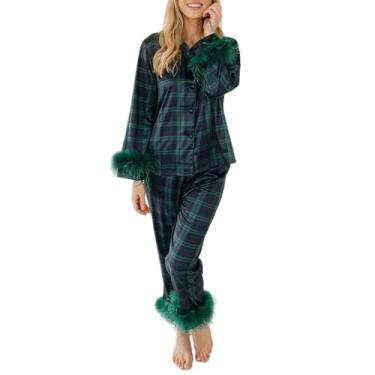 Imagem de TRURENDI Conjunto de pijama feminino de Natal de 2 peças, manga comprida, estampa de Natal, blusa com calça, roupa de dormir, pijama, pijama de Natal, Acabamento peludo verde, G