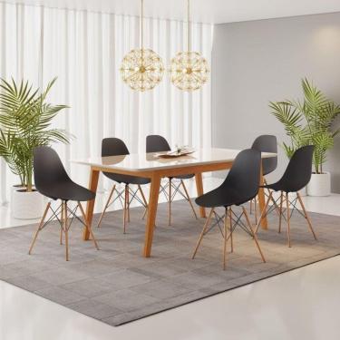 Imagem de Conjunto Mesa de Jantar Madeira Maciça Retangular com 6 Cadeiras Eames Cinamomo/Branco/Preto