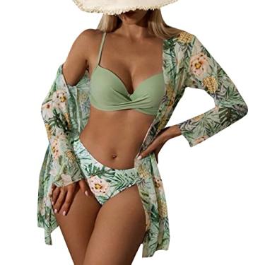 Imagem de Biquínis femininos de cintura alta 2024 sexy conjunto de biquíni 3 peças saída de praia para mulheres com estampa floral frente única, A, M