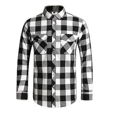 Imagem de Camisa masculina ocidental de algodão xadrez de manga comprida com botões de flanela de algodão, Preto, branco, XXG