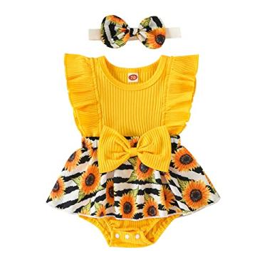 Imagem de Macacão infantil para meninas, sem mangas, com estampa floral, girassol, faixas para a cabeça, roupas de verão, Amarelo, 6-9 Months