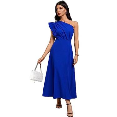 Imagem de Camisa Feminina One Shoulder Ruffle Trim Dress (Color : Blue, Size : CH)