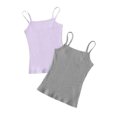 Imagem de Floerns Camiseta regata feminina de 2 peças com alças finas de malha canelada lisa, Roxo e cinza, 14 Anos