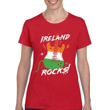 Imagem de Camiseta feminina Ireland Rocks Guitar Flag St Patrick's Day Shamrock Groove Vibe Pub Celtic Rock and Roll Clove, Vermelho, M