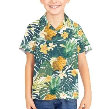 Imagem de Camisetas havaianas com botões de botão para verão unissex infantil manga curta camisa social 3-16 anos Tropical Aloha Shirts, Flor de abacaxi tropical, 13-14 Years