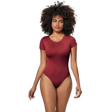 Imagem de Body feminino gola redonda manga curta bodies forro duplo camiseta básica tops (cor: vermelho, tamanho: grande)
