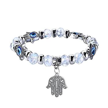 Imagem de Zeshimb Pulseira Hamsa de olho turco com contas de cristal Fátima pulseira de mão elástica lateral olho azul Hamsa pulseira turca olho turco joia para mulheres e homens, Cristal Resina