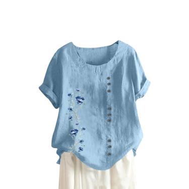 Imagem de Lainuyoah Blusa feminina de linho solta, gola redonda, estampa floral, mistura de algodão, manga curta, botões básicos, D - azul, G